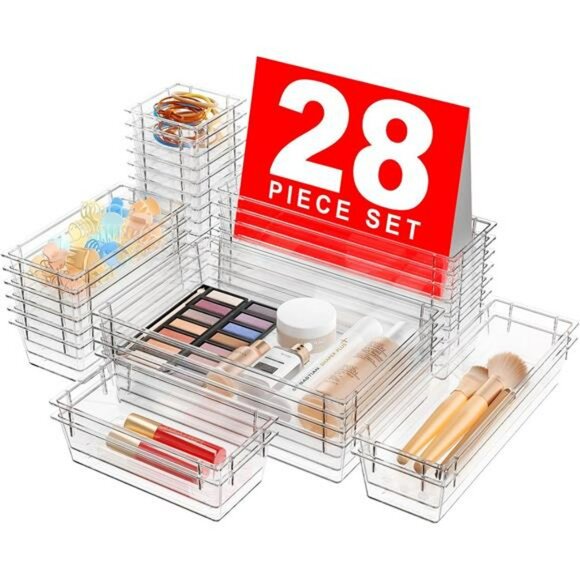 Clear Acrylic Drawer Organizer Set 28 Pc Makeup Vanity Office Storage Bins - Picture 1 of 7